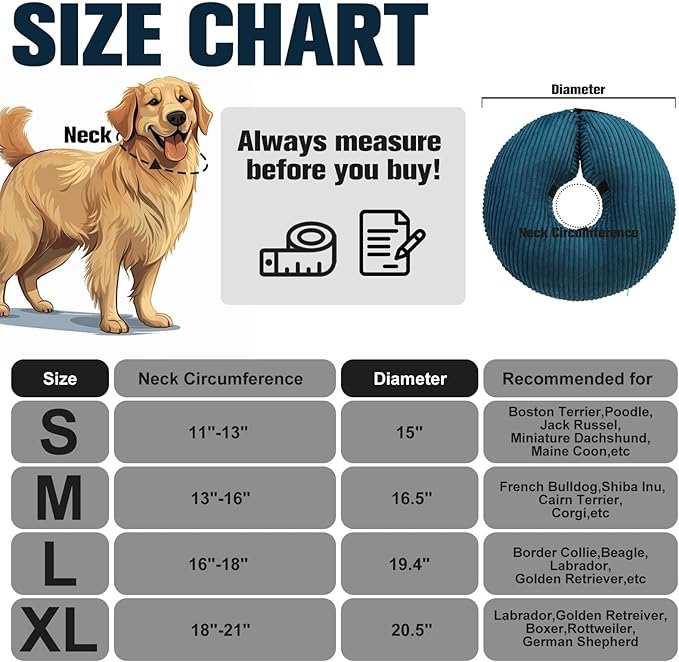 BINGPET Inflatable Dog Cone Collar Alternative After Surgery,Soft Recovery Cone for Dogs to Stop Licking,Protective Neck Donut E Collar Adjustable for Small Medium Large Dogs & Cats(Navy Blue,L)