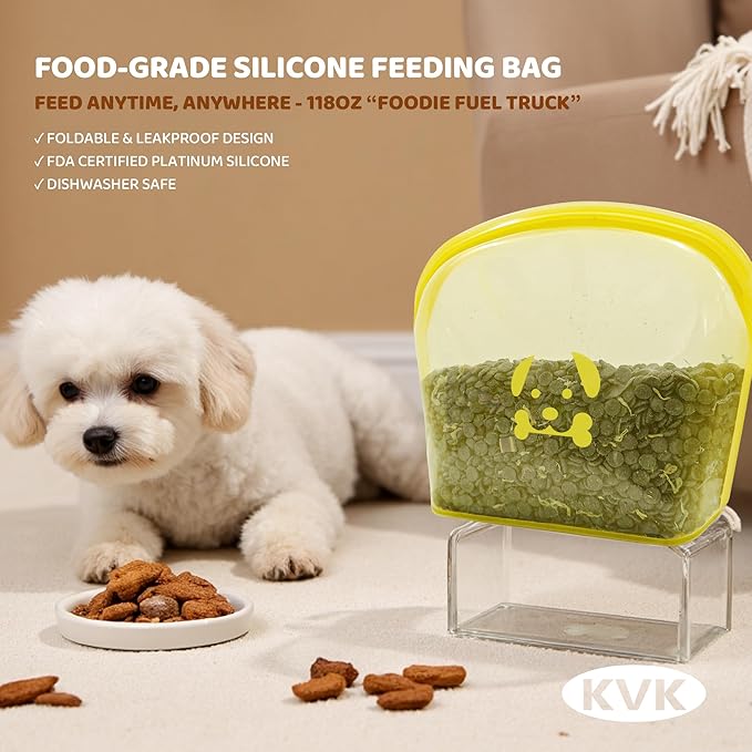 KVK Extra Extra Large Silicone Dog Food Mat 39.4×43.3in and 128oz Silicone Bag Set, Super Size Waterproof Pet Feeding Mat & Container, Non-Slip, Chew-Resistant Floor Protection (Beige&Yellow)