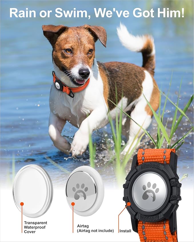 TagME Airtag Dog Collar,Waterproof Reflective Pet Collar with Airtag Holder,Soft Padded and Double D-Rings for Medium Dogs,Orange