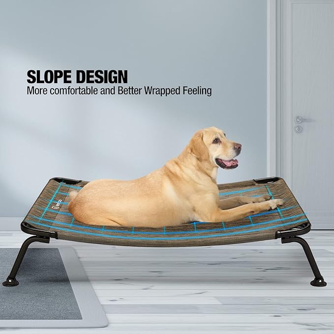 Veehoo Outdoor Elevated Dog Bed, Cooling Raised Dog Cots Beds for Large Dogs, Portable Waterproof Curved Dogs Hammock Bed for Outside, up to 120lbs, Black Legs, Brown 42"