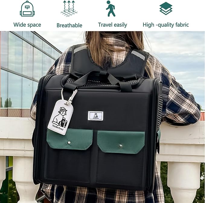 Dog Backpack, Pet Backpack with Breathable Mesh, Pet Travel Carrier with Soft Padded, Reinforced Support, Airline Approved Cat Backpack(Black)