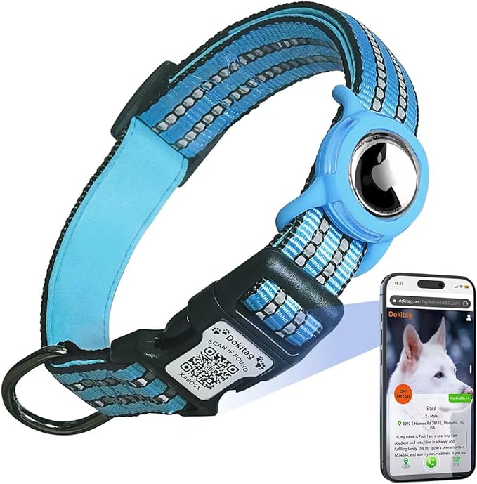 Reflective Dog Collar with Apple AirTag Holder & QR Code Pet ID Tag,Soft Nylon Adjustable Dog Tracker Collar with Safety Lock for Large Dogs(Blue, L（16"-26"）)