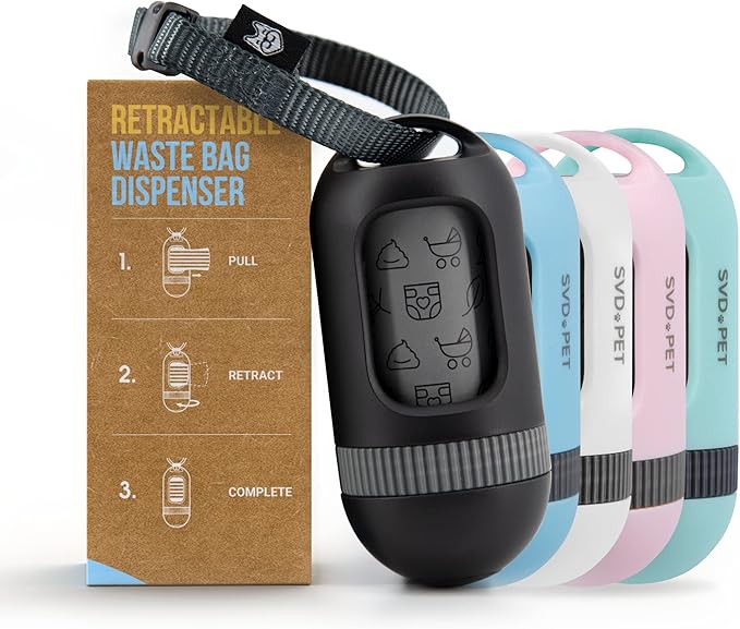 SVD.PET Dog Poop Bag Dispenser, Retractable Waste Bag Fits Any Dog Leash, Leak-Proof Waste Bags, Poop Bag Holder, Doggy Walking Accessory (Black)