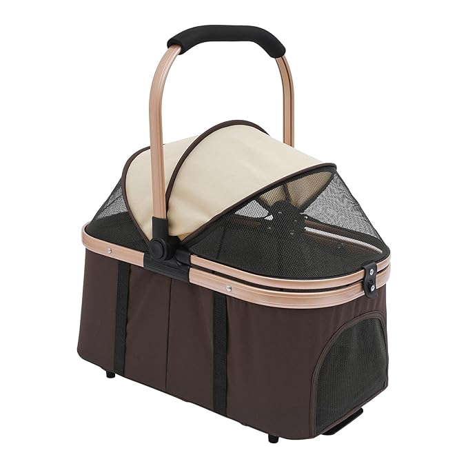 Foldable Pet Stroller for Small & Medium Dogs, Double Dog & Cat Stroller with 3-in-1 Travel System, Detachable Pet Carrier with Wheels for Cats and Dogs up to 77 lbs, Coffee Color