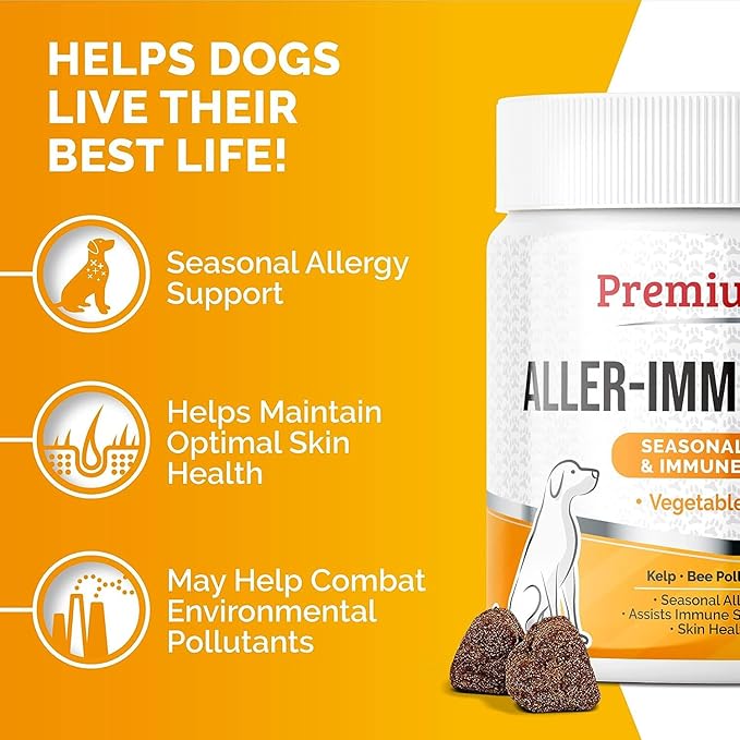 PREMIUM CARE Itch Relief for Dogs - 120 Allergy Chews for Dogs - Anti Itch Seasonal Support for Pets Itchy Skin Relief Skin Health Support with Colostrum, Vitamin C, Omega and Bee Pollen