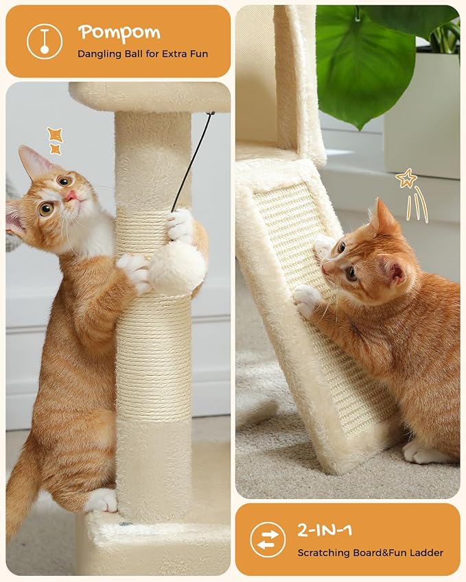 PAWZ Road Cat Tree, 30 Inches Cat Tower with Dual Condos for Indoor Cats, Plush Cat House with Padded Perch, Scratching Ramp and Posts and Replaceable Balls-Beige