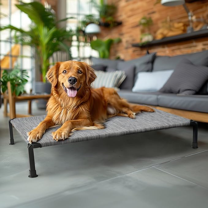 Veehoo Heavy Duty Elevated Dog Bed - Raised Dog Cot with Washable & Breathable Teslin Mesh, Non-Slip Silicon Feet, Cooling, Indoor/Outdoor, 47" x 29", Black Silver