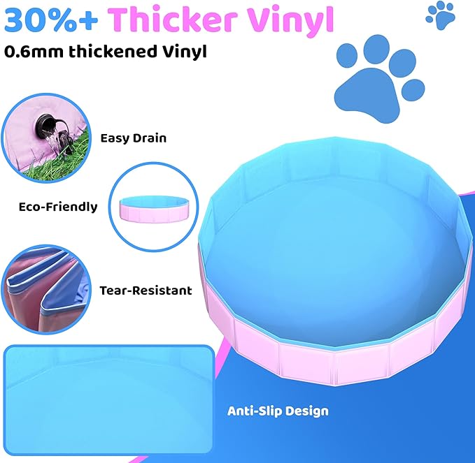 2025 Updated Foldable Dog Pool, 97" x 12" Kiddie Pool with Hard Plastic, Non-Slip Dog Bath Tub for Outdoor Backyard, Collapsible Dog Swimming Pool for Kids Dogs Pets (Pink)
