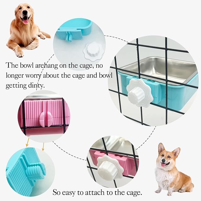 kathson Crate Dog Bowl, Removable Stainless Steel Hanging Pet Kennel Cage Bowl Food & Water Feeder Coop Cup for Puppy, Cat, Rabbit,Guinea Pigs 3pcs Square(Blue,Green,Pink)