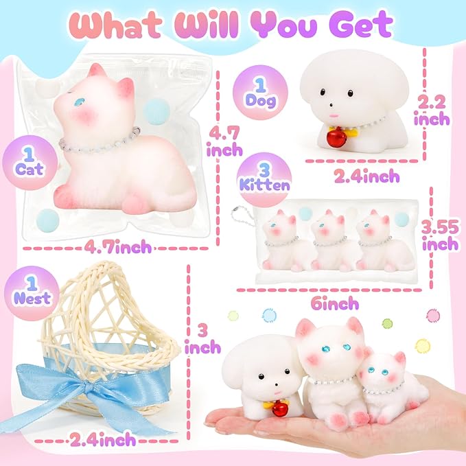 Squishy Fidget Toys Squeeze Soft Cat Dog for Stress Relief Cute Stuff Sensory Toys 5Pcs, Stocking Stuffers Pinata for Kids Party Favors Treasure Box Desk Toys for Classroom Anxiety Travel Gifts