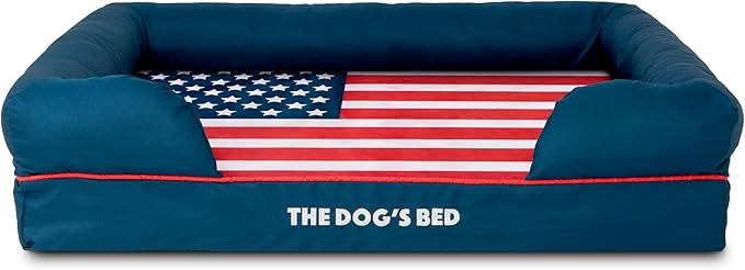 The Dog’s Bed, Large Blue Oxford with Red Trim USA Flag Dog Bed with Central Flag 36x27 Memory Foam, Pain Relief: Arthritis, Post Surgery,Waterproof Washable Cover, Veterinary Approved