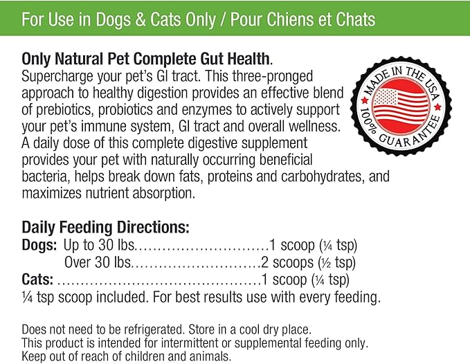 Only Natural Pet Complete Gut Health Complex - Probiotics & Digestive Enzyme Supplement for Dogs & Cats - Promotes Healthy Digestion, Immune System, Nutrient Absorption - Made in USA -3.5oz Powder