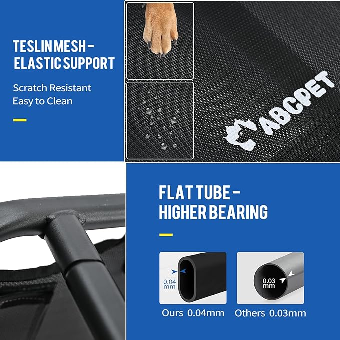 Cooling Elevated Dog Bed, Raised Outdoor Dog Bed Waterproof Pet Beds Cots Stable and Easy Assembly, Teslin Fabric with 1.2mm Thick Iron Frame, Breathable, Ultra-Sturdy，Black, 42 * 28 * 7.9