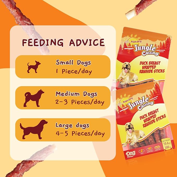 Jungle Calling Dog Treats, Duck Breast Wrapped Rawhide Sticks for Dogs, Grain-Free Natural Chewy Treats Picky Dogs, Puppy Chews Snacks,10.6 oz