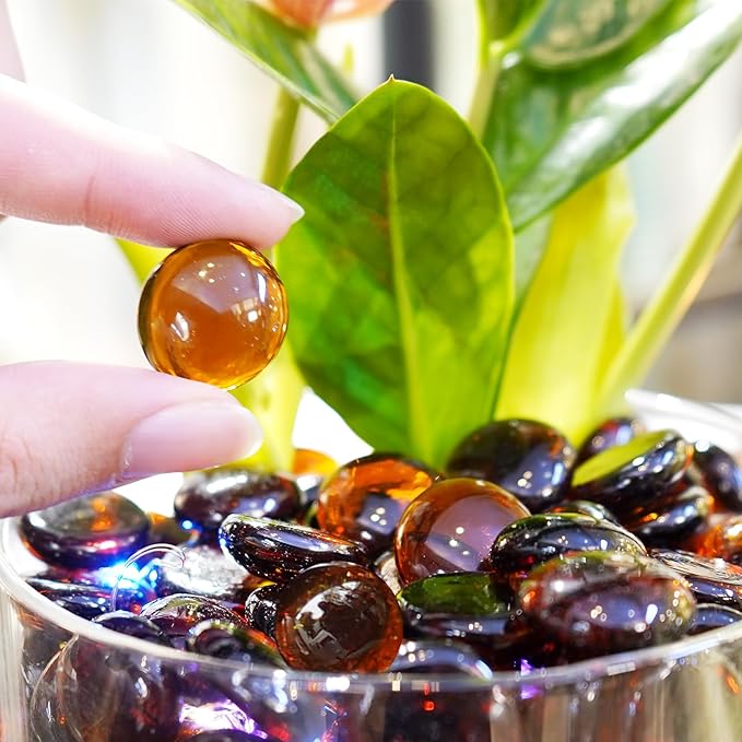 2LB Amber Flat Glass Marbles for Vases, Gemstone Beads Vase Filler Decorative Glass Pebbles for Fish Tank, DIY Crafts, Autumn Centerpieces, Aquarium Decor Rocks