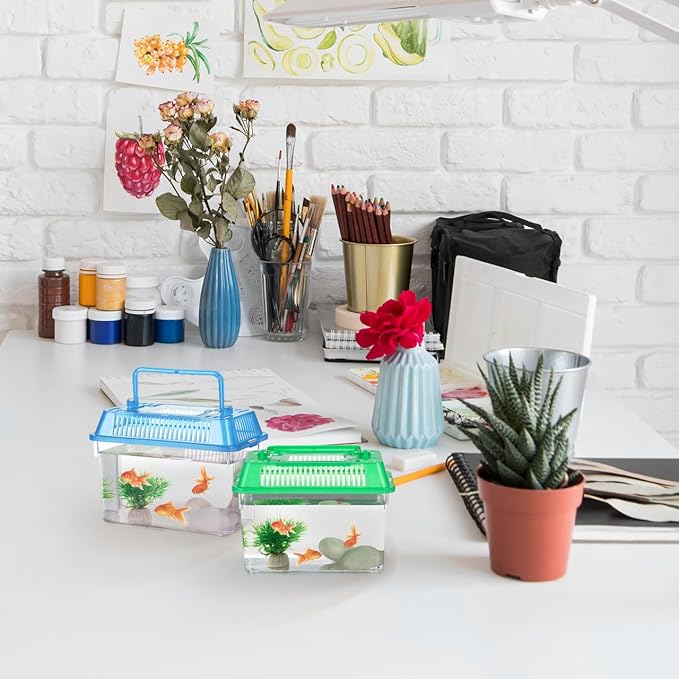 5pcs Small Fish Carrier with Breathable Lids, Portable Betta Fish Tank, Clear Breeding Boxes for Lizard, Turtle, Tarantula（Assorted Color）