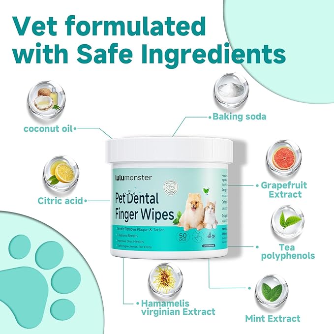 Pet Dental Finger Wipes for Dogs & Cats, Dog Teeth Cleaning Wipes Tooth Brushing Kit by Remove Plaque and Tartar & Freshens Breath Buildup No-Rinse Dog Finger Toothbrush Mint Flavor
