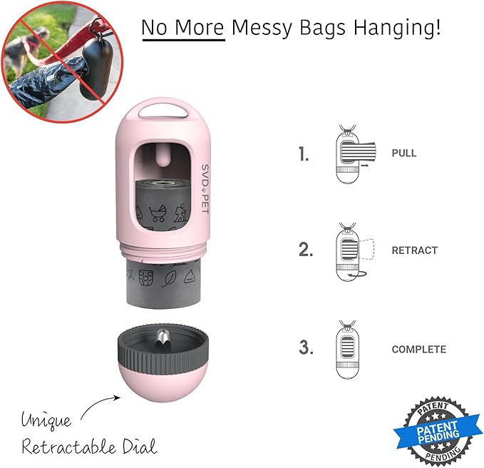 SVD.PET Dog Poop Bag Dispenser, Retractable Waste Bag Fits Any Dog Leash, Built-in Waste Bags, Poop Bag Holder, Doggy Walking Accessory (Primrose Pink)