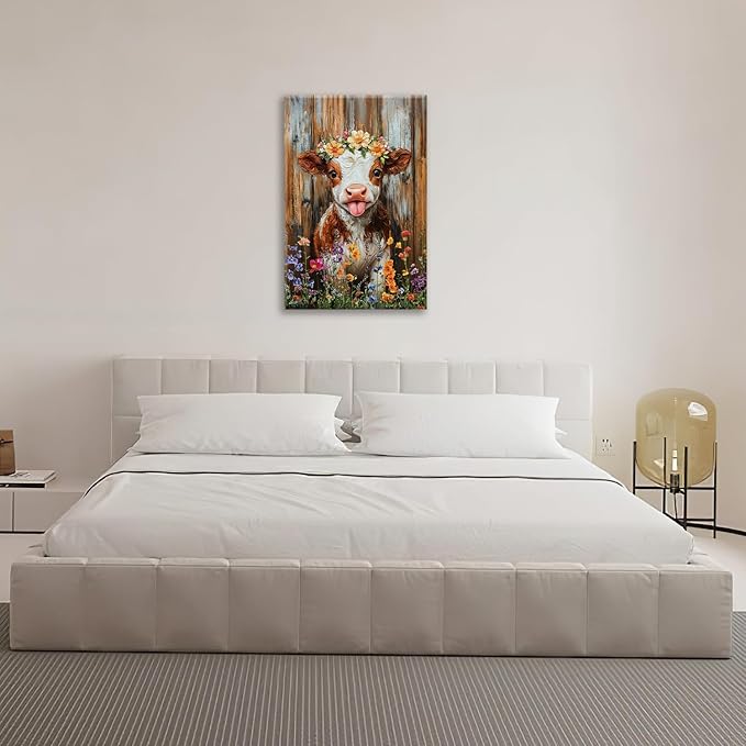 Funny Cow Bathroom Pictures Wall Art, Rustic Brown Cute Cow Bathroom Wall Decor, Farmhouse Floral Framed Painting Animal Flower Canvas Artwork for Bedroom Living Room Decorations 24"L x 16"W