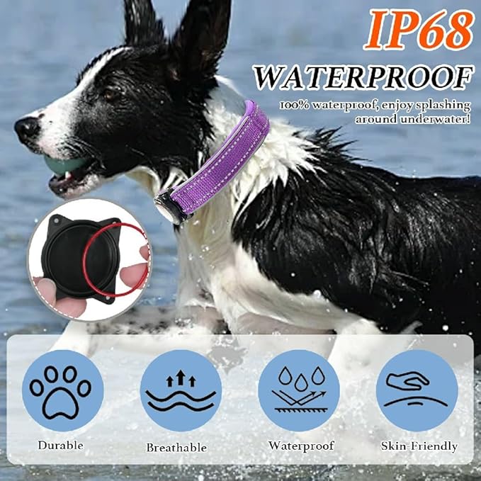 Upgraded AirTag Dog Collar, IP68 Waterproof Dog Collar with Apple Air Tag Holder, Reflective Adjustable Heavy Duty Dog Collars with Soft Padded for Small, Medium and Large Dogs,Purple, M