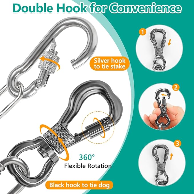 Tresbro Heavy Duty Dog Chains for Outside, 10FT Stainless Steel Tie Out Cable with Swivel Hook for Large Dogs, Metal Chew Proof Pet Runner Chain Leash Lead for Outdoor Camping Hiking Yard, 5MM