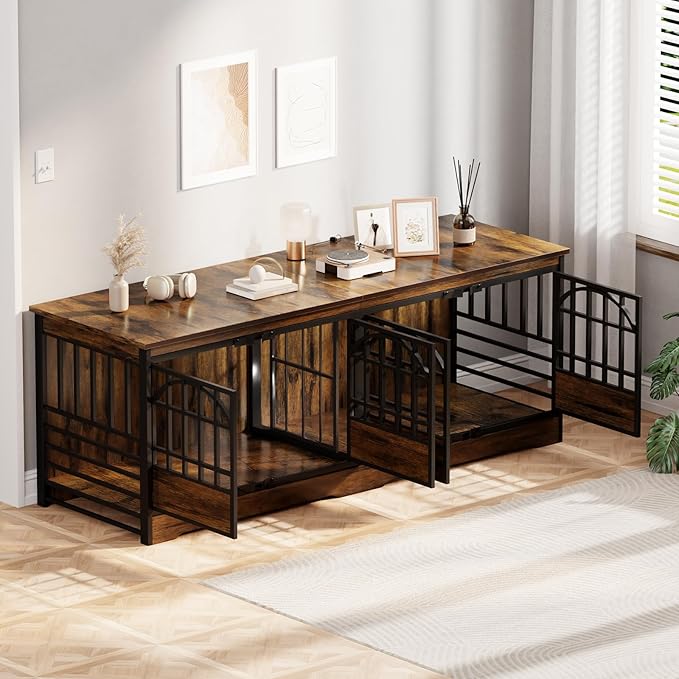 COZPAW 86 Inch Double Dog Crate Furniture for 2 Large Dogs, Decorative Dog Kennel Indoor TV Stand, Heavy Duty Wooden Dog Cage for Large Medium Dogs Sized Dog Pet House with Divider (Brown)