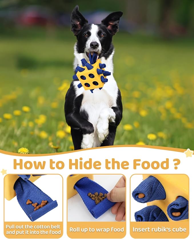 Interactive Puzzle Dog Toy Encourage Natural Foraging Skill, Durable Dog Enrichment Toy Snuffle Cube Cloth Strip with Hide & Seek Food, Slow Feeder for Mind Stimulate & Stress Relief (Yellow)