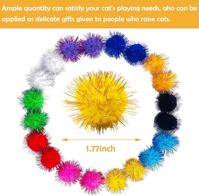 PET SHOW 20pcs Cat Sparkle Ball for Indoor Cats 1.77 Inch Assorted Color Glitter Kittens Toy Balls Cat Chase Pom Pom Balls for Cats