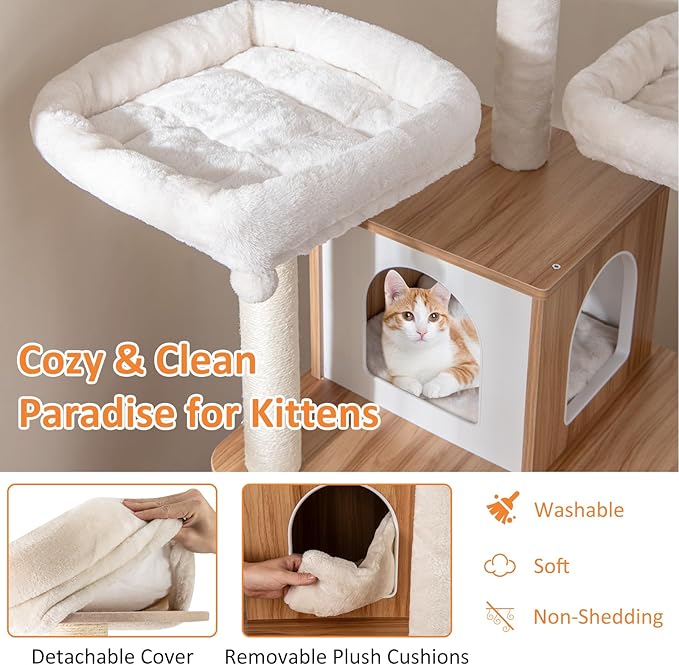 PETSITE 68 Inch Modern Tall Cat Tree for Indoor Cats, Multi-Level Wooden Cat Tree Tower with Sisal Scratching Posts, 3 Top Perches, Cat Condo, Comfy Hammock, Sisal Ramp, and Jingling Balls