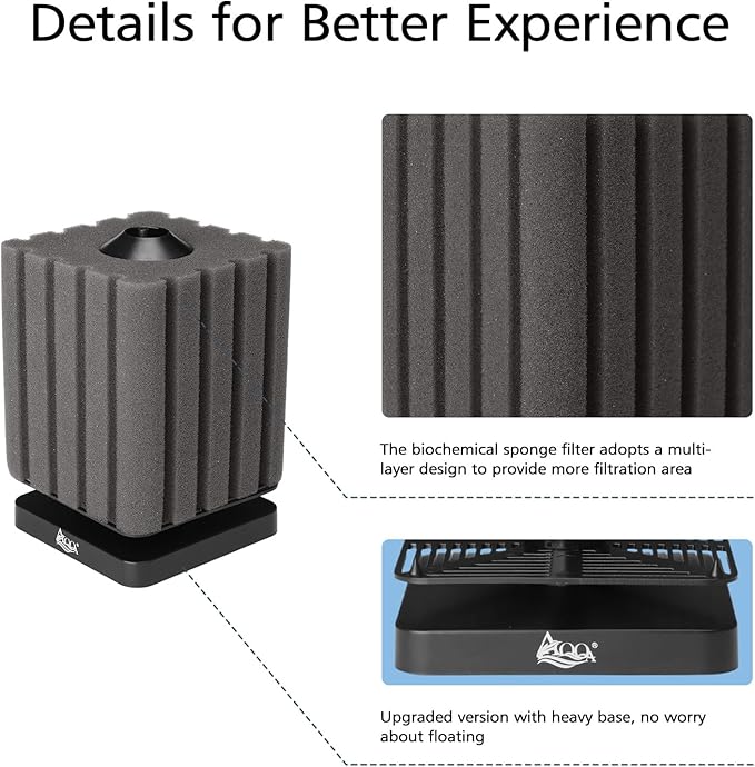AQQA Aquarium Sponge Filter Submersible Small Fish Tank Filter 20 Gallon Ultra Quiet Air Powered Corner Sponge Filter Aeration Betta Filter for Freshwater & Marine Tank(Small for 5-30 Gallon)