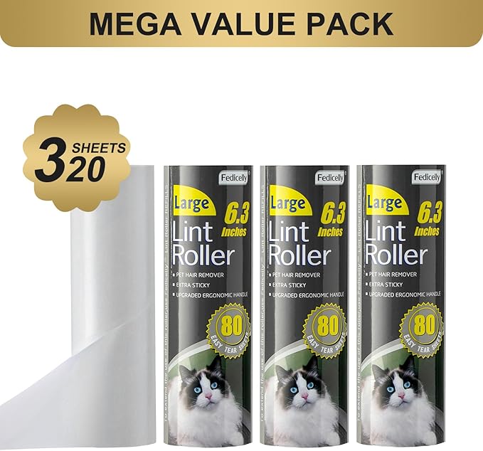 Fedicelly Large Lint Rollers Pet Hair Extra Sticky Refills,Mega Value Set 6.3 inches Wider with 320 Sheets for Cat and Dog Hair Removal,80 Sheets Per Roller