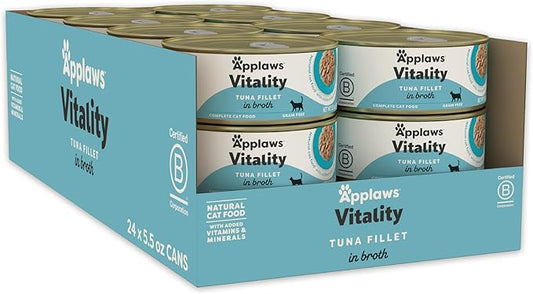 Applaws Vitality Wet Cat Food in Broth, Natural Canned Cat Food, Wet Food for Cats with Added Vitamins and Minerals, Grain Free, Carrageenan Free, Tuna Fillet in Broth (24 Count, 5.5oz Cans)