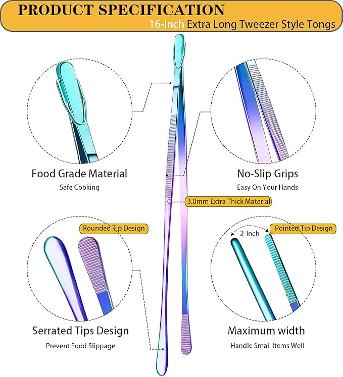 JETKONG 2 Pcs 16-Inch Stainless Steel Fine Tongs Extra Long Chopstick Tongs Long Kitchen Forceps for Cooking (Rainbow)