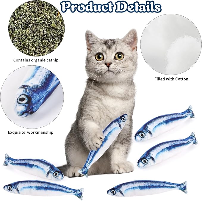 Catnip Saury Fish Toys,6pcs Cat Teething Chew Plush Toys for Pet Cat Lovers Relieve Stress Gifts Teething Chew Indoor Outdoor