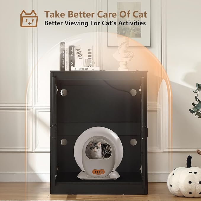 Cat Litter Robot Enclosure with Glass Cat-Observant Doors,Litter Robot Cabinet with Reversible and Optional Entry(Left or Right),Cozy LED for Cats,Power Outlet for More Choice, Black