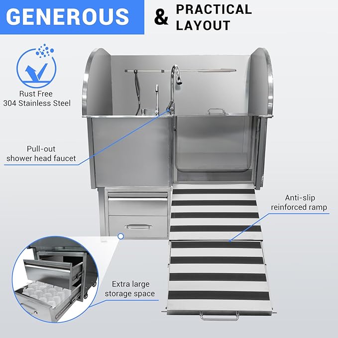 Professional Dog Grooming Tub, 38" Stainless Steel Dog Wash Station with Ramp, Storage Drawer, Floor Grate & Faucet/Dog Bathtub for Large, Medium & Small Pets, Right Door