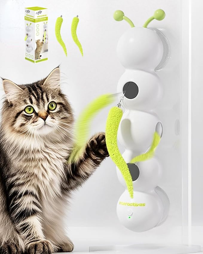 Interactive Caterpillar Cat Toy, Motion Sensor, Simulation of Biological Trajectory, ABS, USB Rechargeable, Stable Suction Cup, Cat Feather Toys for Indoor Cats, Caterpillar Smart Toy with 2 Tails
