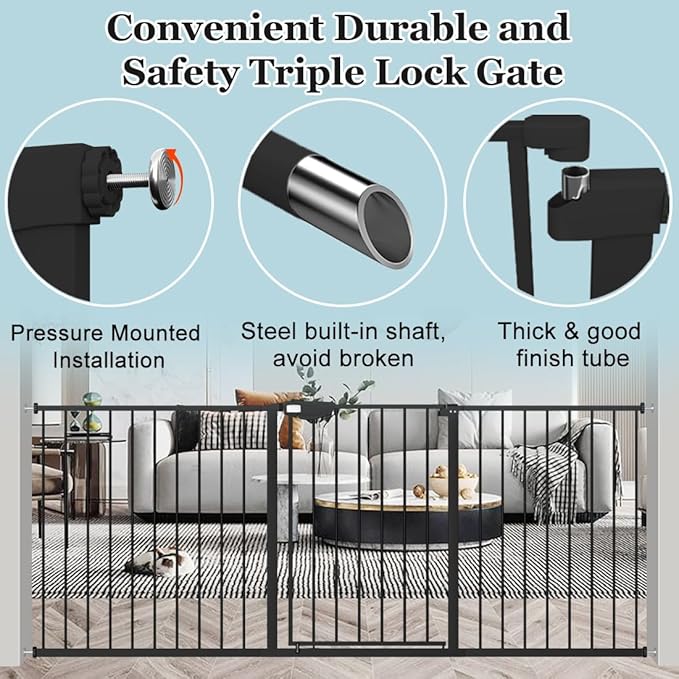 WAOWAO Triple Lock Baby Gate Extra Wide 57.87-62.59" Pressure Mounted Walk Through Swing Auto Close Safety Black Metal Dog Pet Puppy Cat for Stairs,Doorways,Kitchen