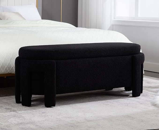 Kmax 50" Storage Ottoman Bench Modern Faux Fur Boucle Entryway Bench Comfy Upholstered End of Bed Bench for Hallway Entrance Bedroom Corner, Black