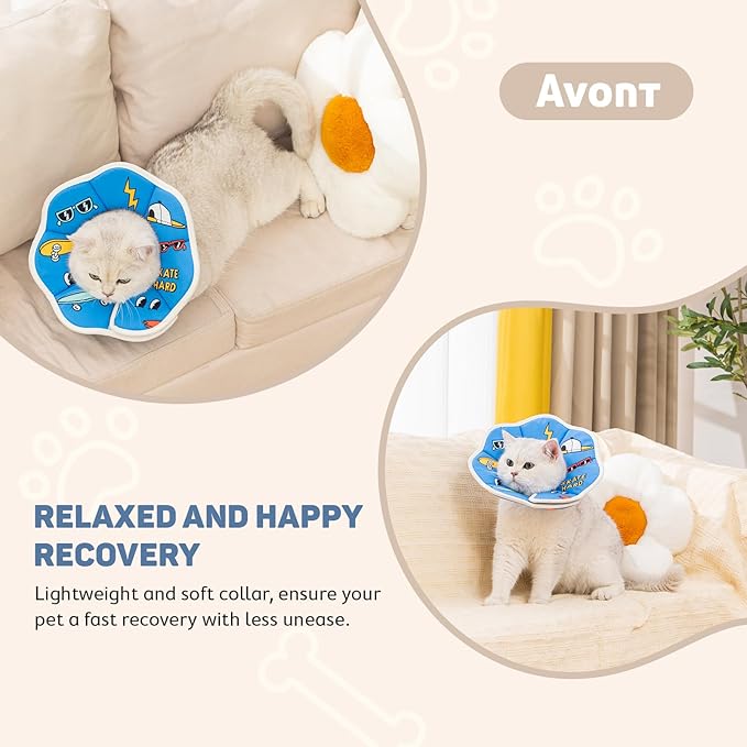 Avont Soft Cat Recovery Cone Collar, Adjustable Lightweight Kitten E-Collar for Small Dogs, Comfortable Neck Donut Stop Licking Scratching After Surgery -Skate(L)