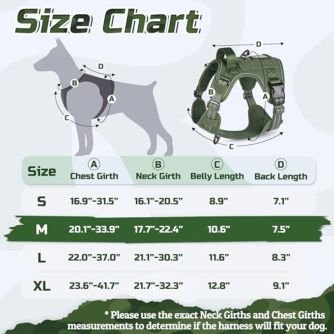 rabbitgoo Tactical Dog Harness Medium Sized Dog, No Pull Military Service Vest with Handle & Molle, Easy Control for Training Walking, Adjustable Reflective Straps, Green, M