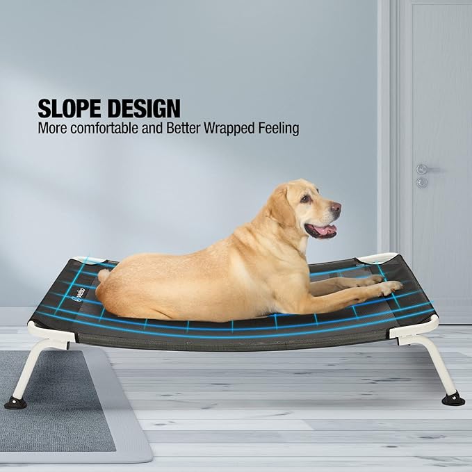 Veehoo Elevated Dog Bed for Outdoor, Cooling Waterproof Raised Dog Cots Beds for Large Dogs, Curved Off Ground Pet Hammock Cot Lifted for Outside, up to 85lbs, White Legs, Black 42"