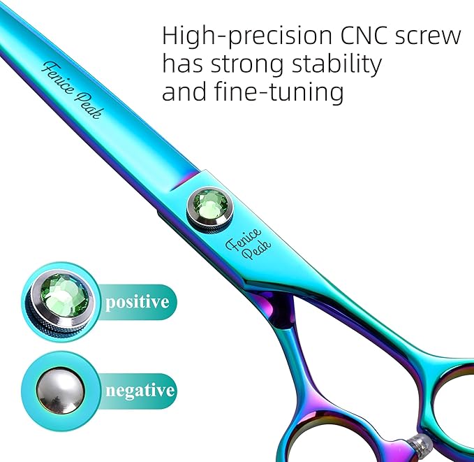Fenice Peak Green Dog Grooming Scissors Set Straight Thinning Curved and Chunker Shears 4PCS Kit with Simulated Emerald Screw 440C Trimming Shears Durable and Sharp