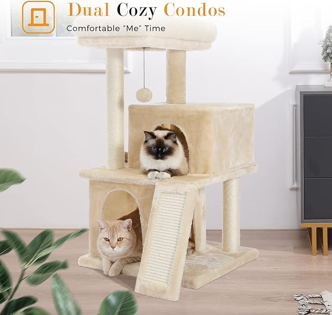 PAWZ Road Cat Tree Luxury Cat Tower with Double Condos, Spacious Perch, Fully Wrapped Scratching Sisal Posts and Replaceable Dangling Balls Beige