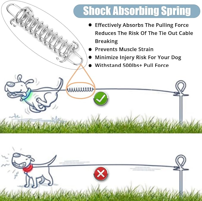jenico Dog Tie Out Cable - 25ft Dog Lead for Yard - Heavy Duty Dog Chain with Shock Spring - Outdoor Tether Leash for Small Large Dogs Up to 500 lbs
