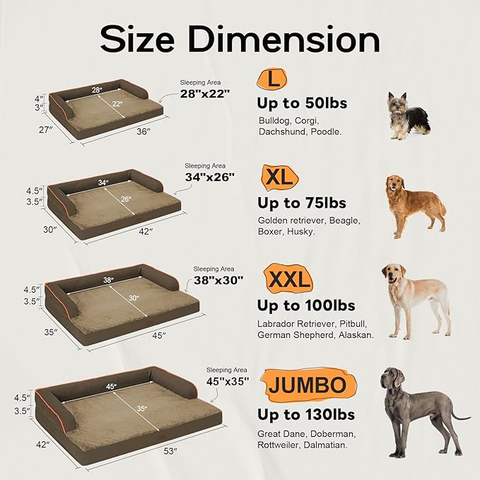 Large Dog Bed Orthopedic Washable: Extra Brown Large Big Dog Bed with Removable Bolster & Memory Foam Couch Sofa - Waterproof Washable with Cover
