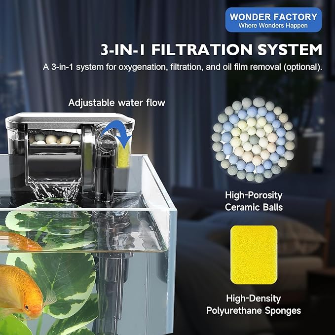 Small Aquarium Set Glass 2.6 Gallon Fish Tank, Starter Kit with Heater Self Cleaning System Efficiency Filter Bright Light Rocks Gravel Cleaning Tool, Leak-Proof Ultra-Clear Rimless Desktop Betta Tank