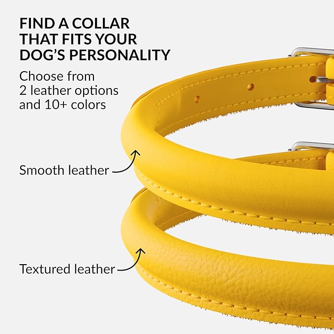 CollarDirect Rolled Leather Dog Collar, Soft Padded Round Puppy Collar, Handmade Genuine Leather Collar Dog Small Large Cat Collars 13 Colors (18-22 Inch, Yellow Smooth)