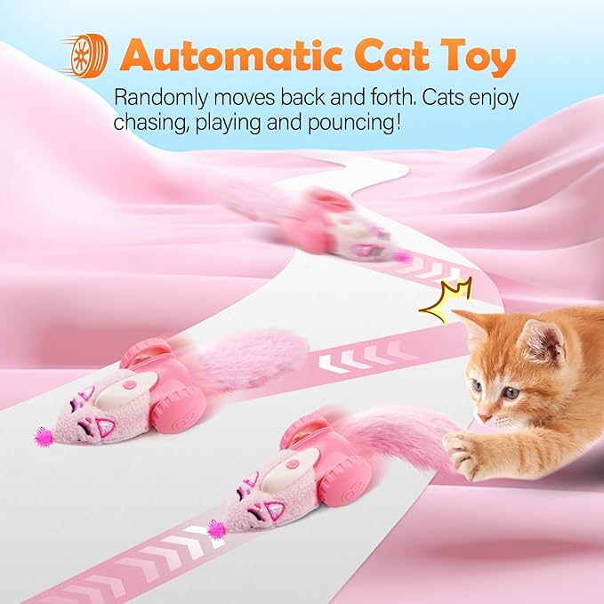 Migipaws Automatic Cat Toys, Plush Cat Mouse Toy, Interactive Toy for Indoor Cats, Smart Moving Kitten Toy, Rechargeable (Pink)