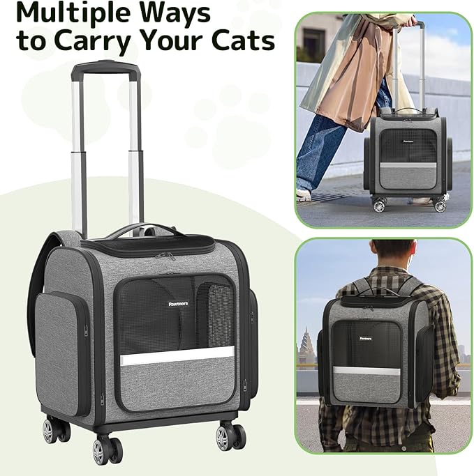 Rolling Cat Carrier with Wheels: Dog Carrier for Small Dogs & Large Cats, Expandable Pet Carrier on Wheels with Cat Play Tunnel, Large Capacity, Breathable Mesh, Side Pocket, Grey